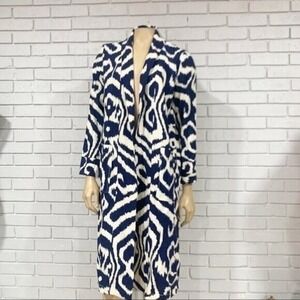 Anthropologie‎ Ikat Print Long Open Front Blazer Jacket Women Navy White